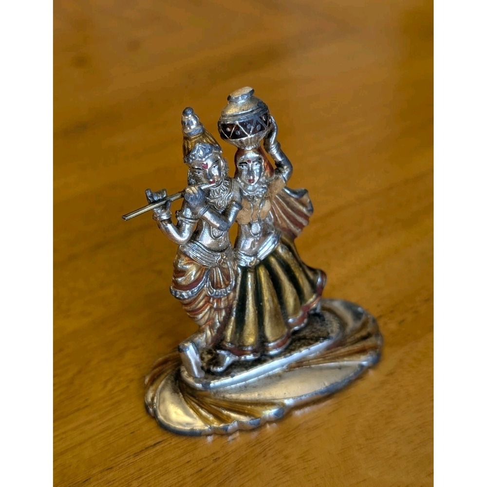 Vintage Metal Radha & Krishna Rotating Dancing Figurine Idol Made In India